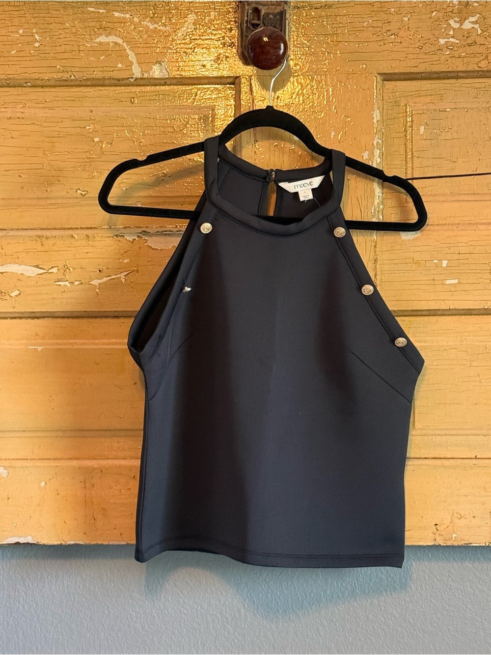 Mauve Black Halter Tank with Gold Button Accents